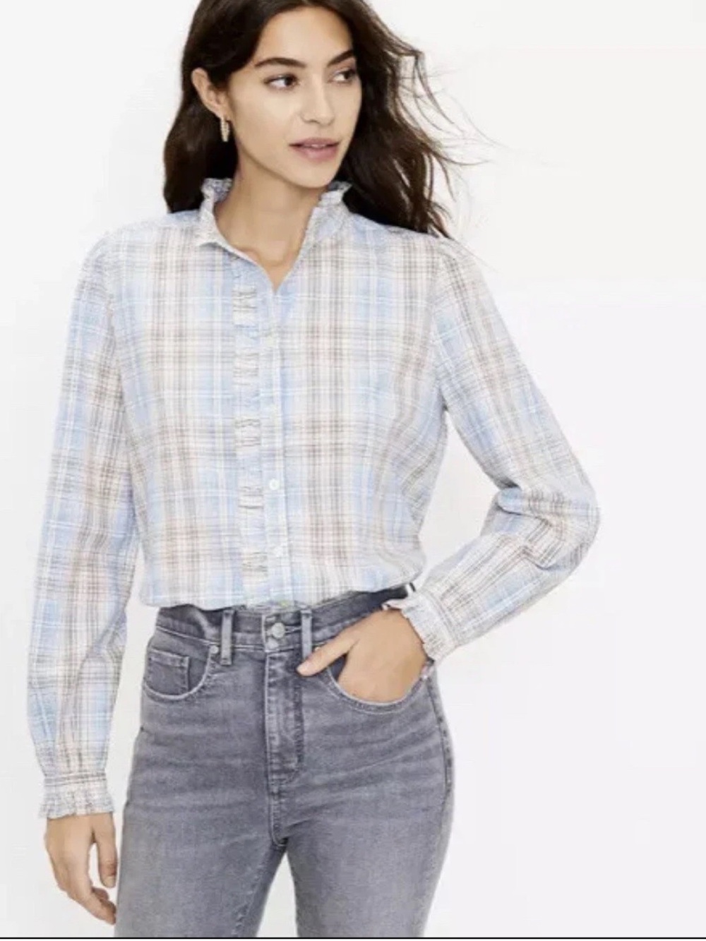 Light Blue Plaid Ruffled Button-Front Women’s Top Size Small